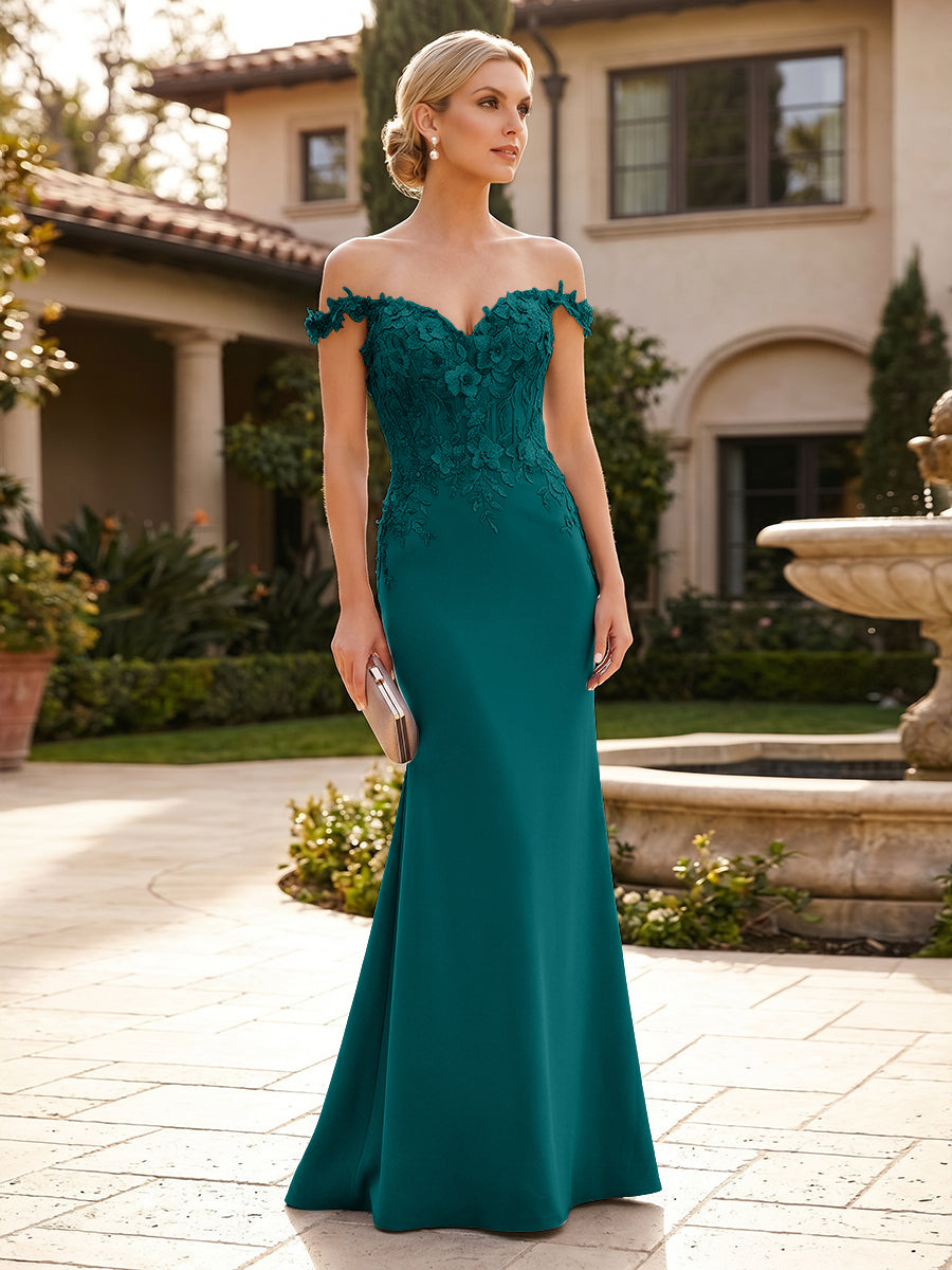 Mermaid Satin Off Shoulder Floor-Length Mother of the Bride & Groom Dresses with Floral Appliques Bodice