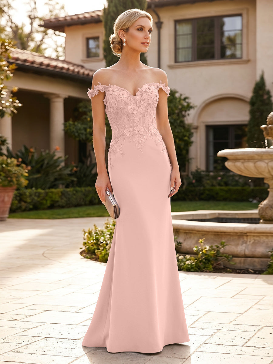 Mermaid Satin Off Shoulder Floor-Length Mother of the Bride & Groom Dresses with Floral Appliques Bodice