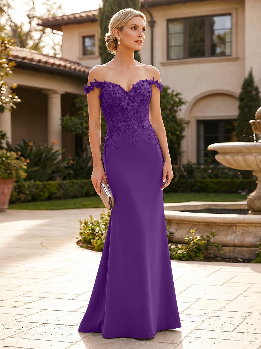 Mermaid Satin Off Shoulder Floor-Length Mother of the Bride & Groom Dresses with Floral Appliques Bodice