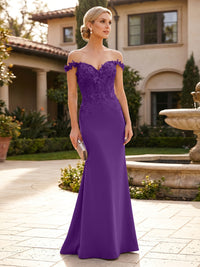 Mermaid Satin Off Shoulder Floor-Length Mother of the Bride & Groom Dresses with Floral Appliques Bodice