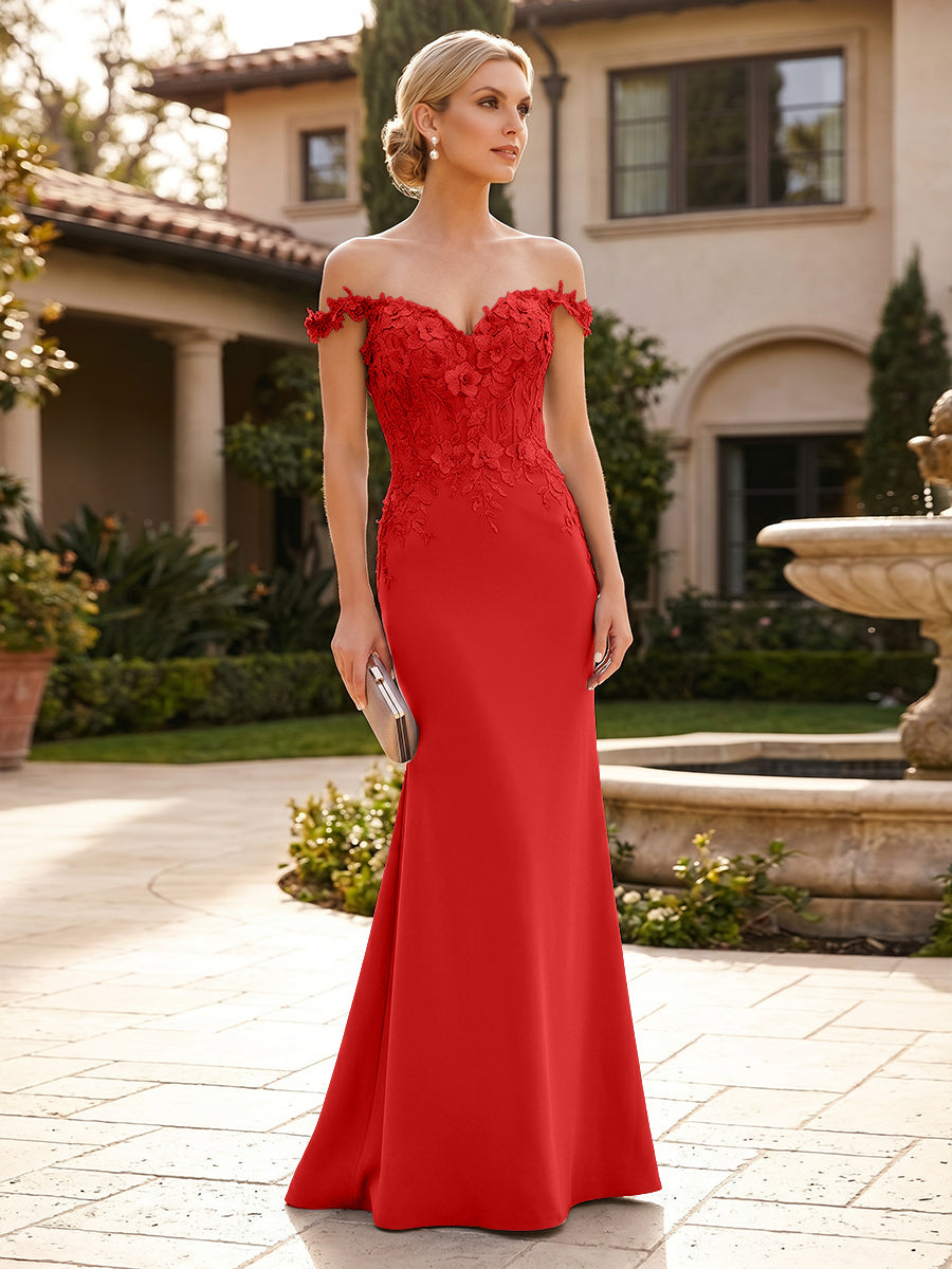Mermaid Satin Off Shoulder Floor-Length Mother of the Bride & Groom Dresses with Floral Appliques Bodice
