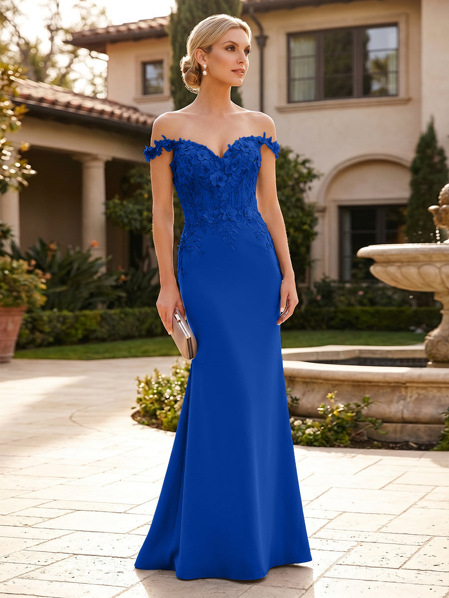 Mermaid Satin Off Shoulder Floor-Length Mother of the Bride & Groom Dresses with Floral Appliques Bodice