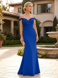Mermaid Satin Off Shoulder Floor-Length Mother of the Bride & Groom Dresses with Floral Appliques Bodice