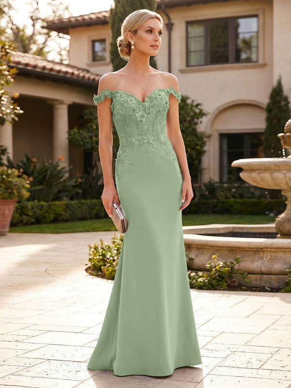 Mermaid Satin Off Shoulder Floor-Length Mother of the Bride & Groom Dresses with Floral Appliques Bodice