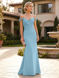 Mermaid Satin Off Shoulder Floor-Length Mother of the Bride & Groom Dresses with Floral Appliques Bodice