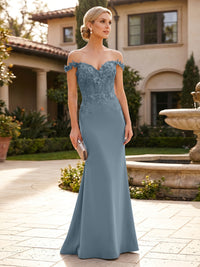 Mermaid Satin Off Shoulder Floor-Length Mother of the Bride & Groom Dresses with Floral Appliques Bodice
