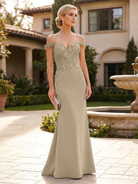 Mermaid Satin Off Shoulder Floor-Length Mother of the Bride & Groom Dresses with Floral Appliques Bodice