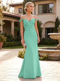 Mermaid Satin Off Shoulder Floor-Length Mother of the Bride & Groom Dresses with Floral Appliques Bodice