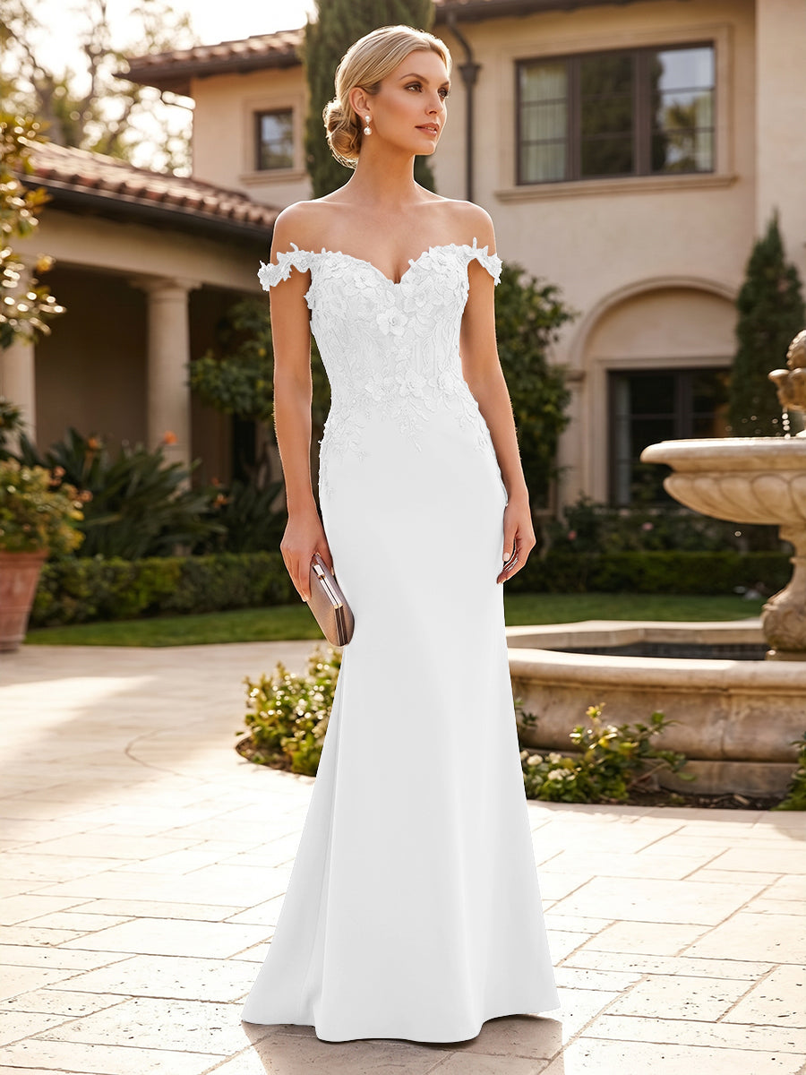 Mermaid Satin Off Shoulder Floor-Length Mother of the Bride & Groom Dresses with Floral Appliques Bodice