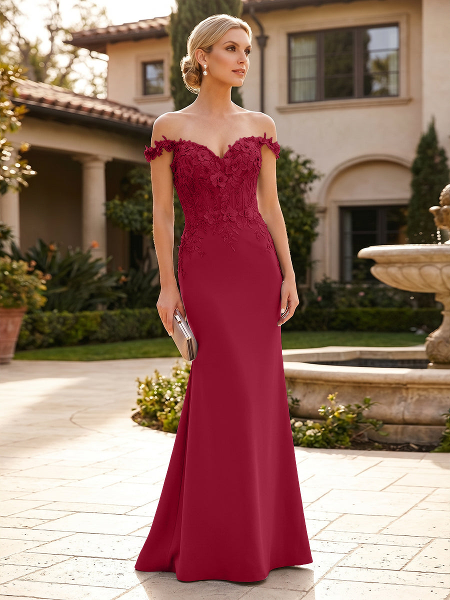 Mermaid Satin Off Shoulder Floor-Length Mother of the Bride & Groom Dresses with Floral Appliques Bodice