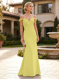 Mermaid Satin Off Shoulder Floor-Length Mother of the Bride & Groom Dresses with Floral Appliques Bodice