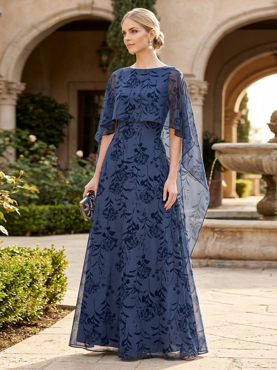 Chiffon Floral Print A-Line 3/4 Cape Sleeves Floor-Length Mother of the Bride & Groom Dresses
