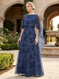 Chiffon Floral Print A-Line 3/4 Cape Sleeves Floor-Length Mother of the Bride & Groom Dresses