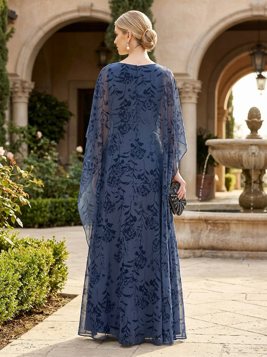 Chiffon Floral Print A-Line 3/4 Cape Sleeves Floor-Length Mother of the Bride & Groom Dresses