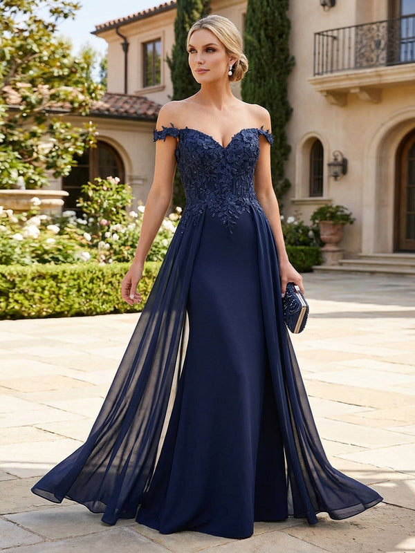 Sheath Chiffon Off Shoulder Floor-Length Mother of the Bride & Groom Dresses with Lace Appliques Bodice