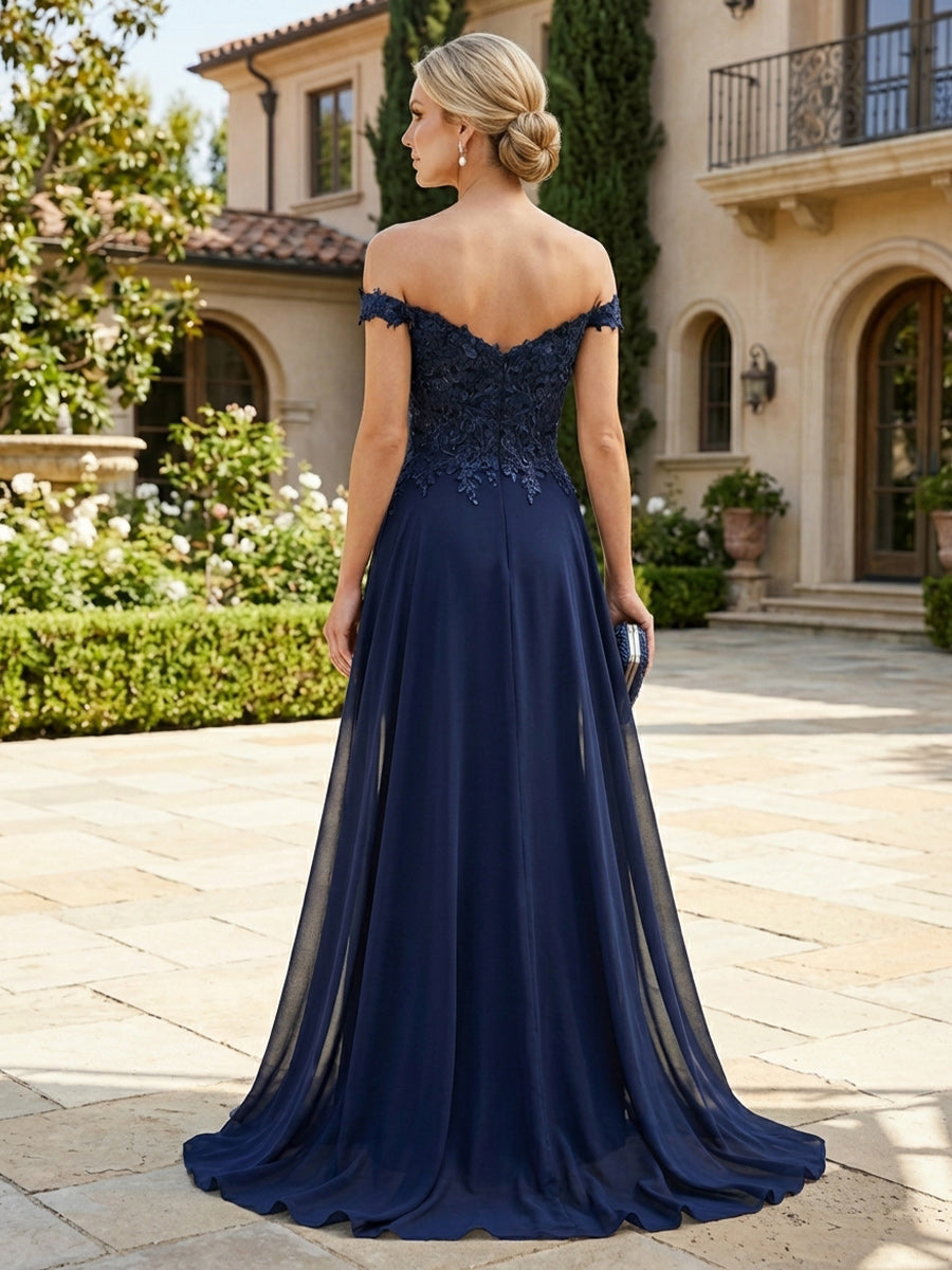 Sheath Chiffon Off Shoulder Floor-Length Mother of the Bride & Groom Dresses with Lace Appliques Bodice