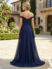 Sheath Chiffon Off Shoulder Floor-Length Mother of the Bride & Groom Dresses with Lace Appliques Bodice
