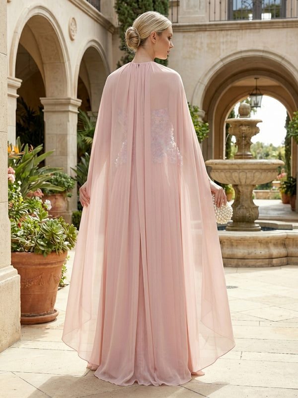 Elegant Pleated A-Line Chiffon Strapless Floor-Length Mother of the Bride & Groom Dresses with 3D Floral Appliques Bodice & Draped Cape