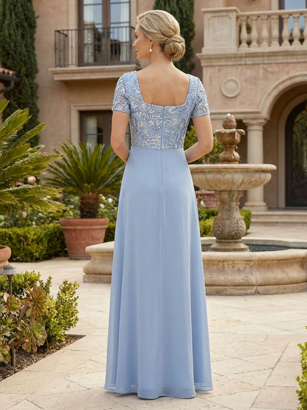Elegant A-Line Chiffon Short Sleeves Floor-Length Mother of the Bride & Groom Dresses with Floral Embroidery Bodice & Sequin