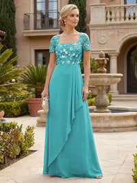 Elegant A-Line Chiffon Short Sleeves Floor-Length Mother of the Bride & Groom Dresses with Floral Embroidery Bodice & Sequin