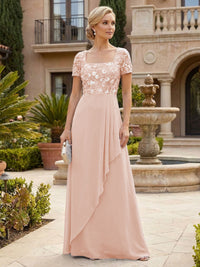 Elegant A-Line Chiffon Short Sleeves Floor-Length Mother of the Bride & Groom Dresses with Floral Embroidery Bodice & Sequin