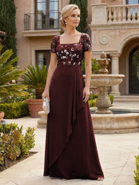 Elegant A-Line Chiffon Short Sleeves Floor-Length Mother of the Bride & Groom Dresses with Floral Embroidery Bodice & Sequin