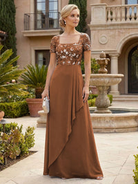 Elegant A-Line Chiffon Short Sleeves Floor-Length Mother of the Bride & Groom Dresses with Floral Embroidery Bodice & Sequin
