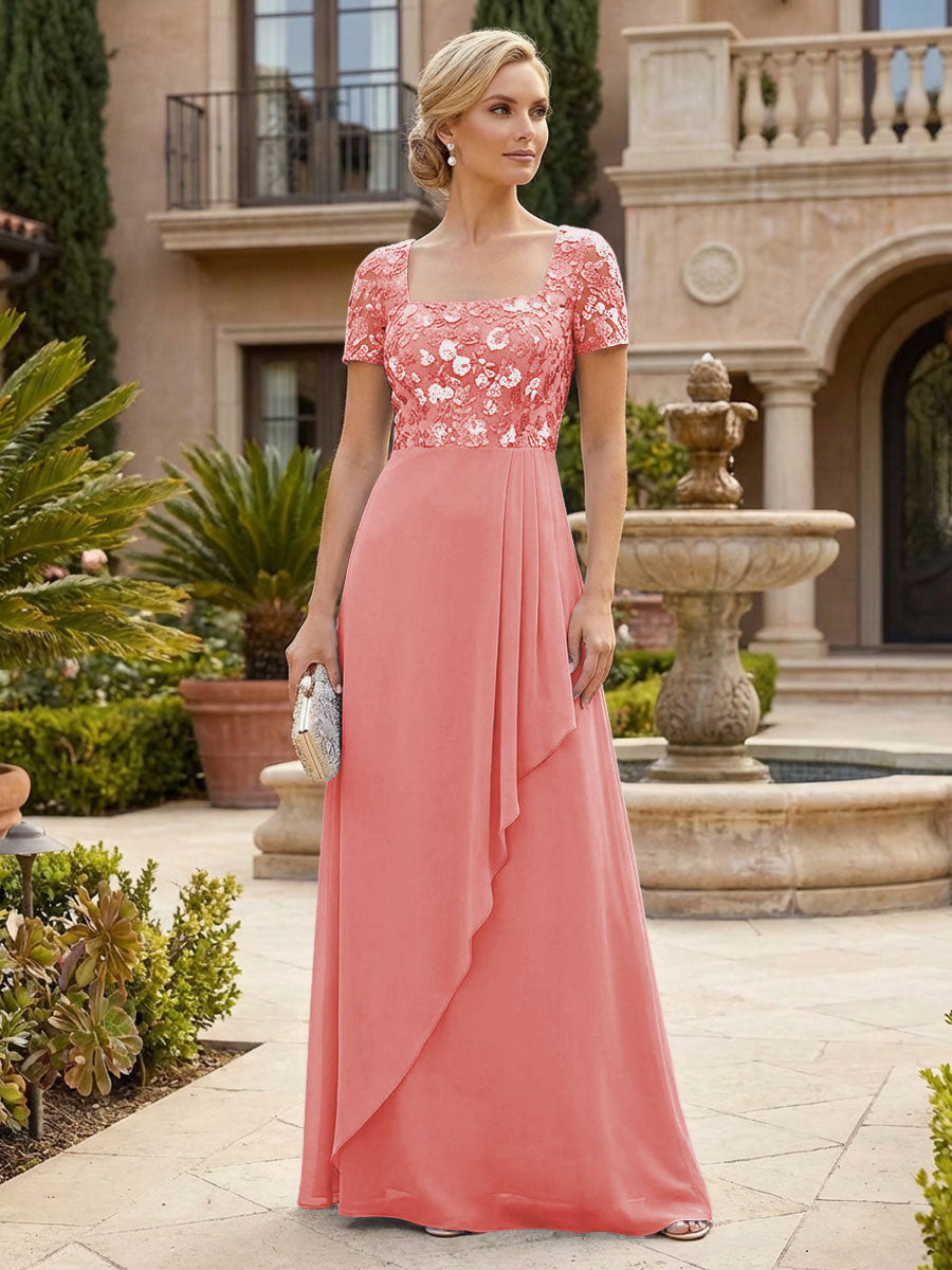 Elegant A-Line Chiffon Short Sleeves Floor-Length Mother of the Bride & Groom Dresses with Floral Embroidery Bodice & Sequin