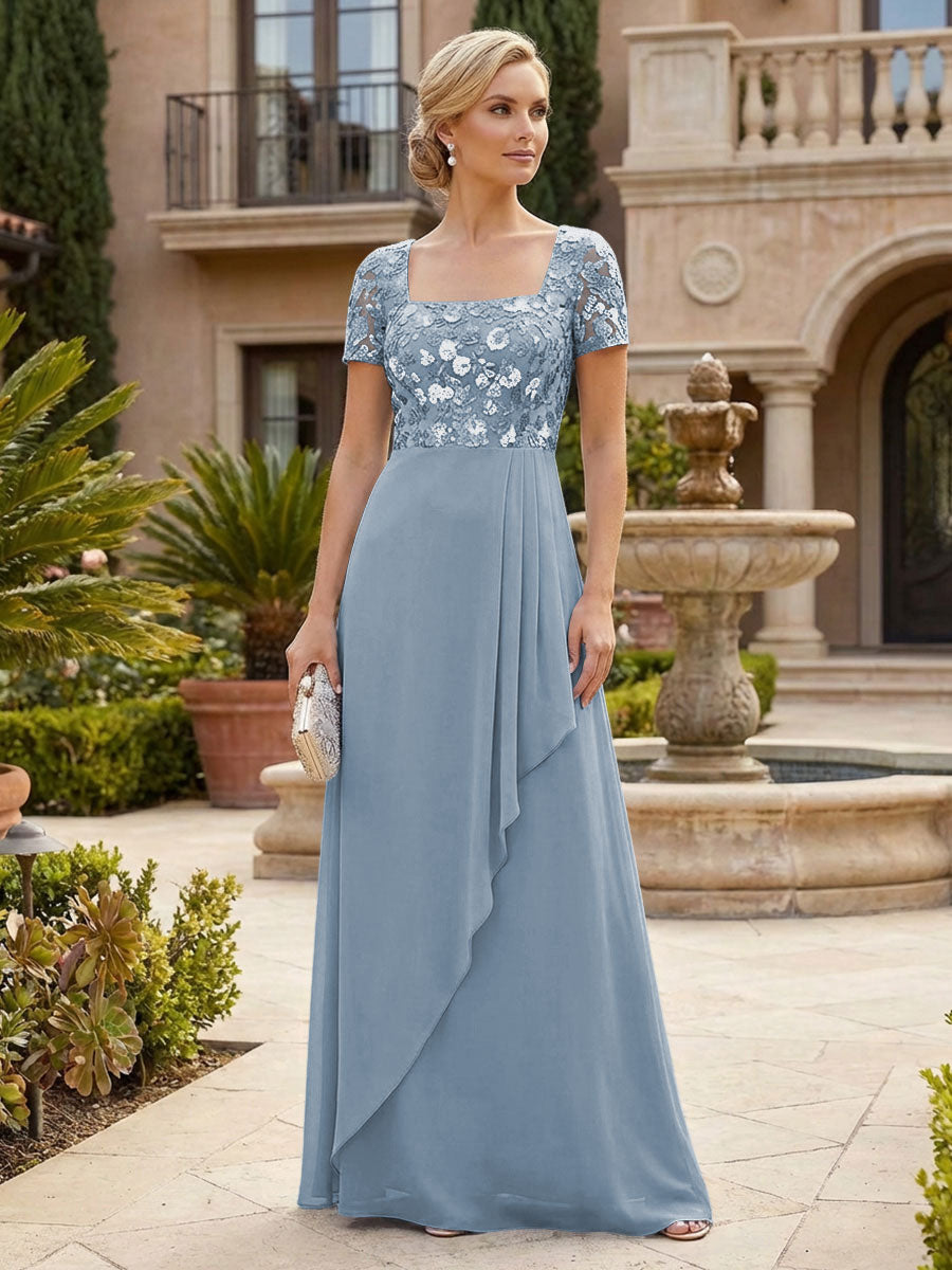 Elegant A-Line Chiffon Short Sleeves Floor-Length Mother of the Bride & Groom Dresses with Floral Embroidery Bodice & Sequin