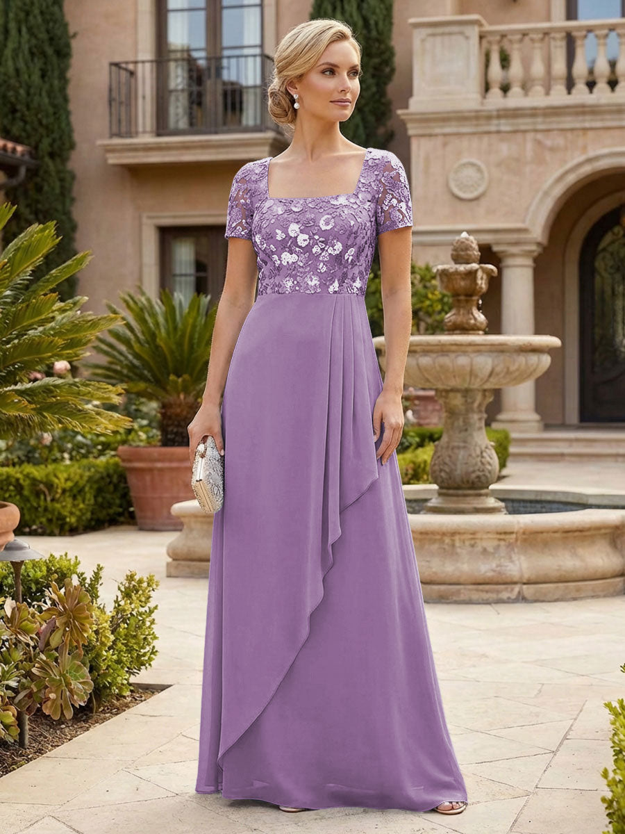 Elegant A-Line Chiffon Short Sleeves Floor-Length Mother of the Bride & Groom Dresses with Floral Embroidery Bodice & Sequin