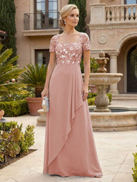 Elegant A-Line Chiffon Short Sleeves Floor-Length Mother of the Bride & Groom Dresses with Floral Embroidery Bodice & Sequin