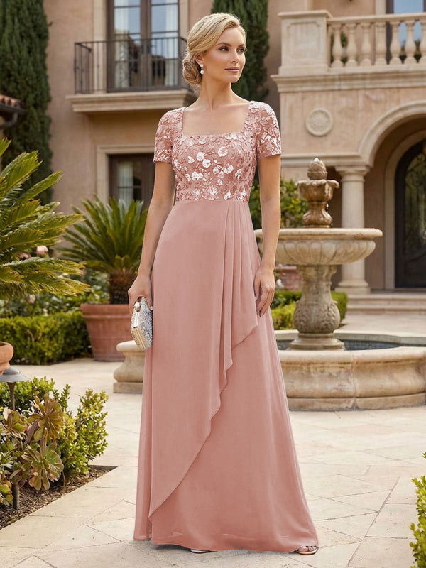 Elegant A-Line Chiffon Short Sleeves Floor-Length Mother of the Bride & Groom Dresses with Floral Embroidery Bodice & Sequin