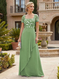 Elegant A-Line Chiffon Short Sleeves Floor-Length Mother of the Bride & Groom Dresses with Floral Embroidery Bodice & Sequin