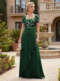 Elegant A-Line Chiffon Short Sleeves Floor-Length Mother of the Bride & Groom Dresses with Floral Embroidery Bodice & Sequin