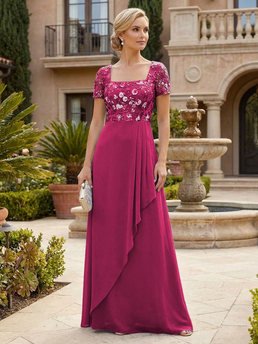Elegant A-Line Chiffon Short Sleeves Floor-Length Mother of the Bride & Groom Dresses with Floral Embroidery Bodice & Sequin