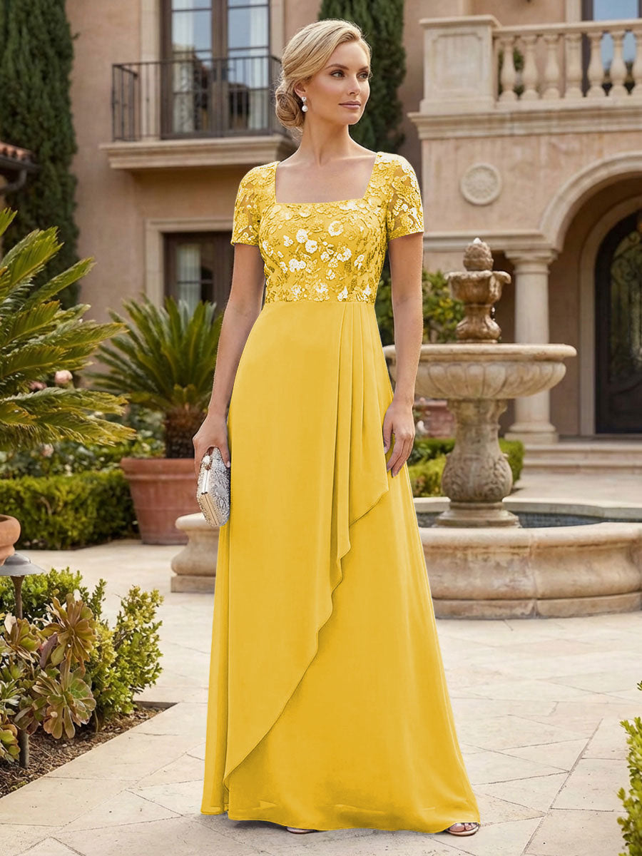 Elegant A-Line Chiffon Short Sleeves Floor-Length Mother of the Bride & Groom Dresses with Floral Embroidery Bodice & Sequin