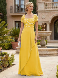 Elegant A-Line Chiffon Short Sleeves Floor-Length Mother of the Bride & Groom Dresses with Floral Embroidery Bodice & Sequin