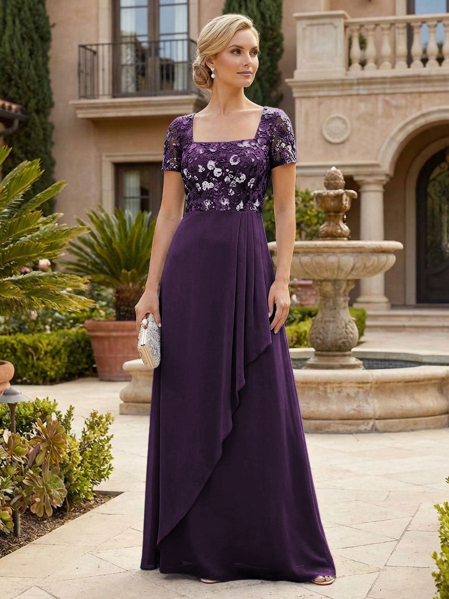 Elegant A-Line Chiffon Short Sleeves Floor-Length Mother of the Bride & Groom Dresses with Floral Embroidery Bodice & Sequin
