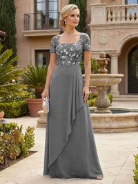 Elegant A-Line Chiffon Short Sleeves Floor-Length Mother of the Bride & Groom Dresses with Floral Embroidery Bodice & Sequin