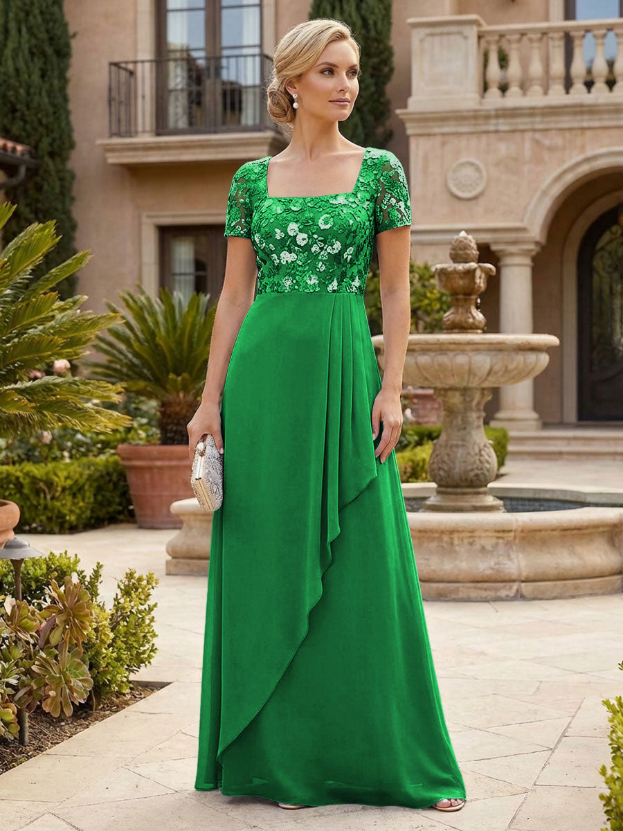 Elegant A-Line Chiffon Short Sleeves Floor-Length Mother of the Bride & Groom Dresses with Floral Embroidery Bodice & Sequin