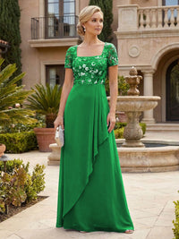 Elegant A-Line Chiffon Short Sleeves Floor-Length Mother of the Bride & Groom Dresses with Floral Embroidery Bodice & Sequin