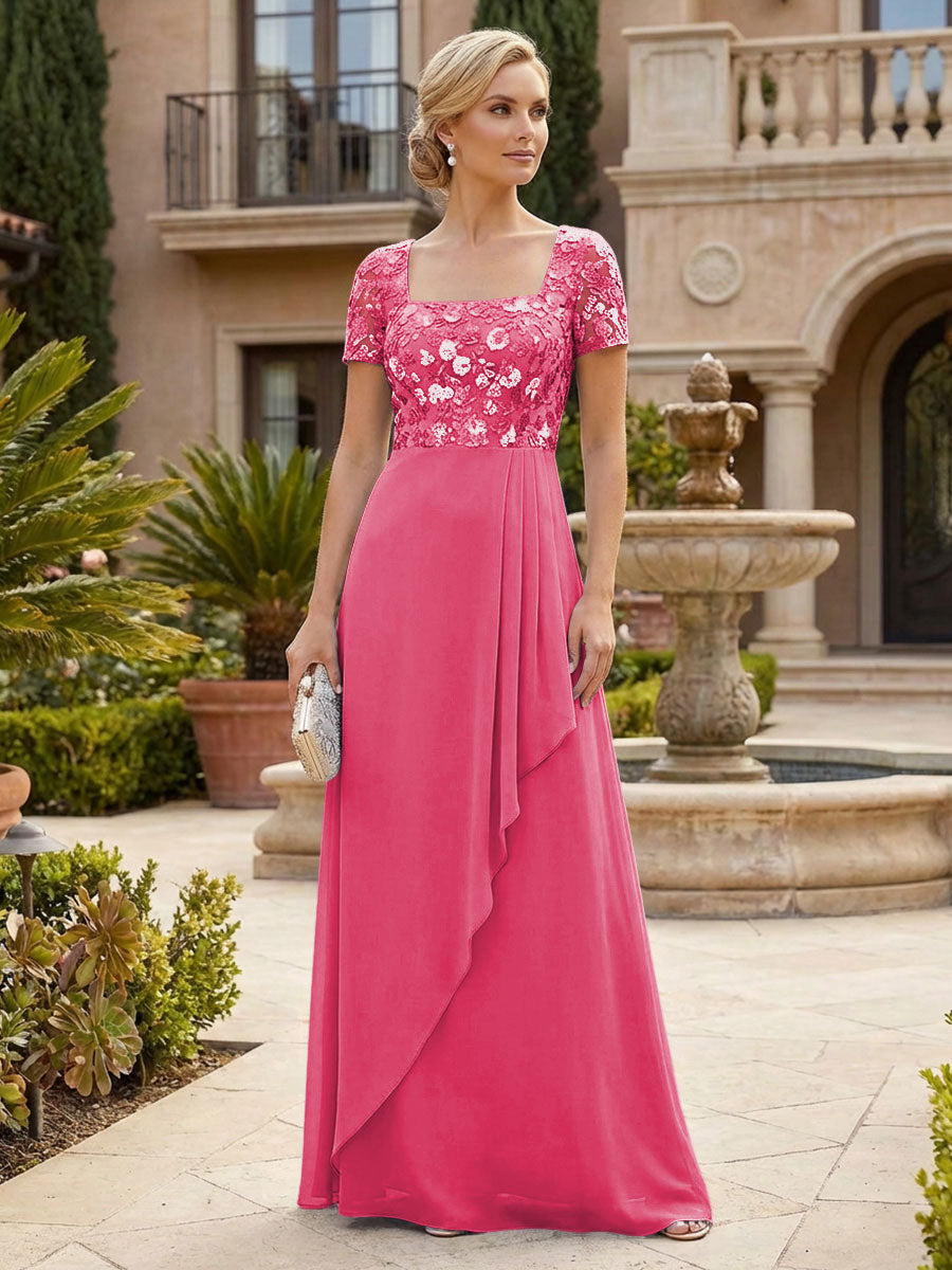 Elegant A-Line Chiffon Short Sleeves Floor-Length Mother of the Bride & Groom Dresses with Floral Embroidery Bodice & Sequin
