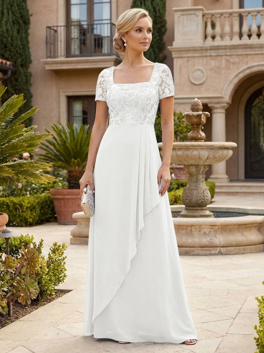 Elegant A-Line Chiffon Short Sleeves Floor-Length Mother of the Bride & Groom Dresses with Floral Embroidery Bodice & Sequin