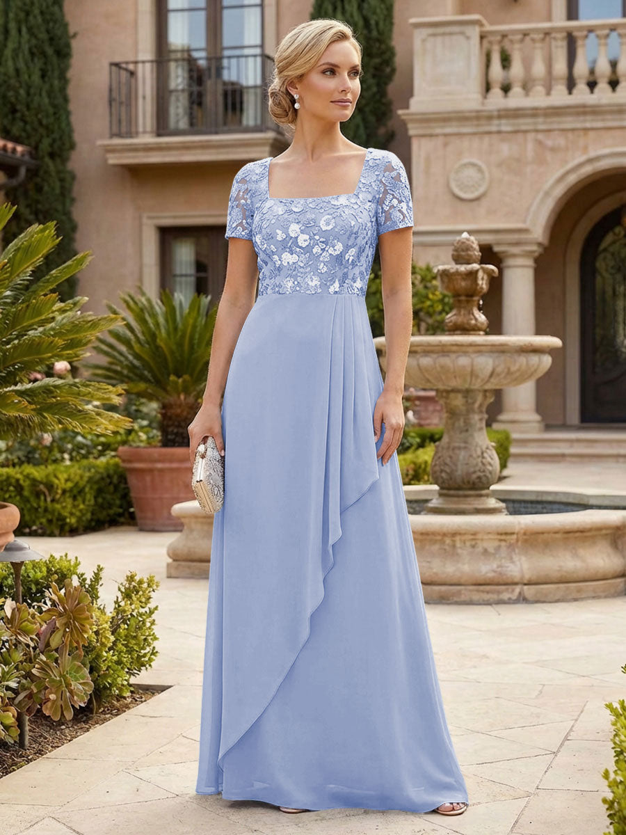 Elegant A-Line Chiffon Short Sleeves Floor-Length Mother of the Bride & Groom Dresses with Floral Embroidery Bodice & Sequin