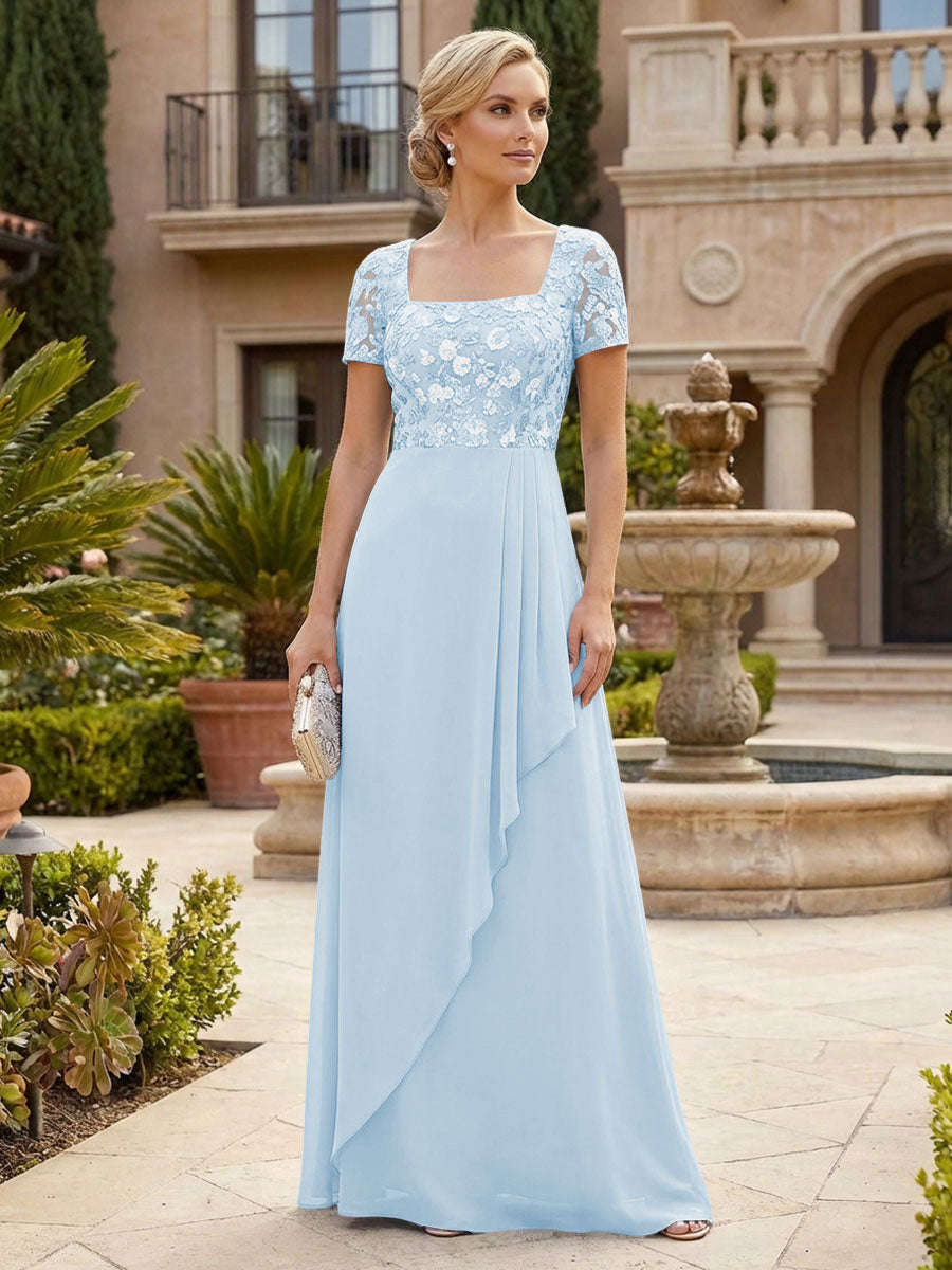 Elegant A-Line Chiffon Short Sleeves Floor-Length Mother of the Bride & Groom Dresses with Floral Embroidery Bodice & Sequin