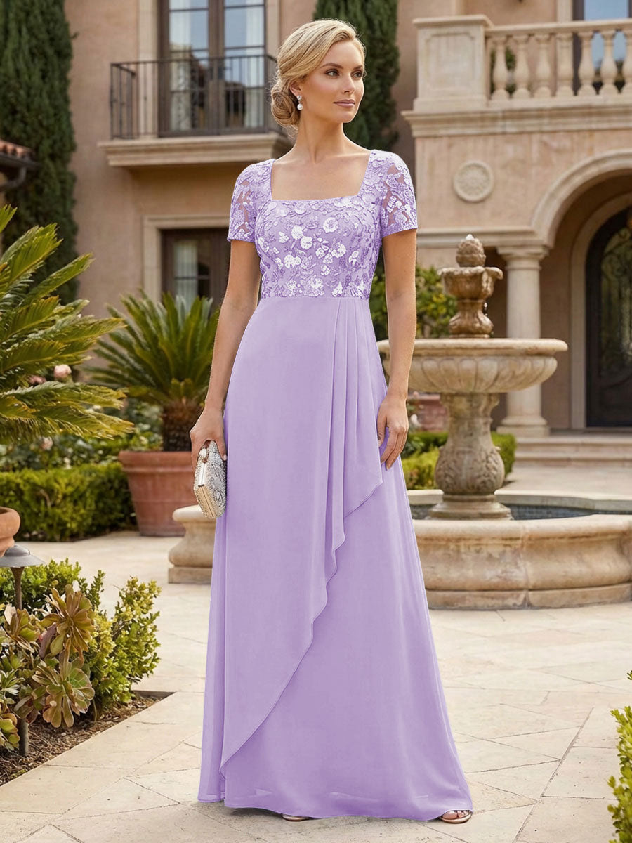 Elegant A-Line Chiffon Short Sleeves Floor-Length Mother of the Bride & Groom Dresses with Floral Embroidery Bodice & Sequin
