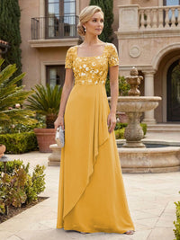 Elegant A-Line Chiffon Short Sleeves Floor-Length Mother of the Bride & Groom Dresses with Floral Embroidery Bodice & Sequin