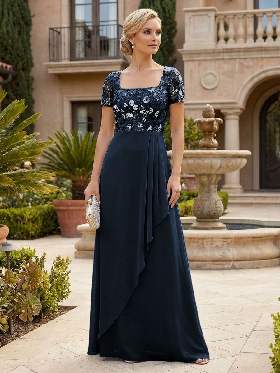 Elegant A-Line Chiffon Short Sleeves Floor-Length Mother of the Bride & Groom Dresses with Floral Embroidery Bodice & Sequin