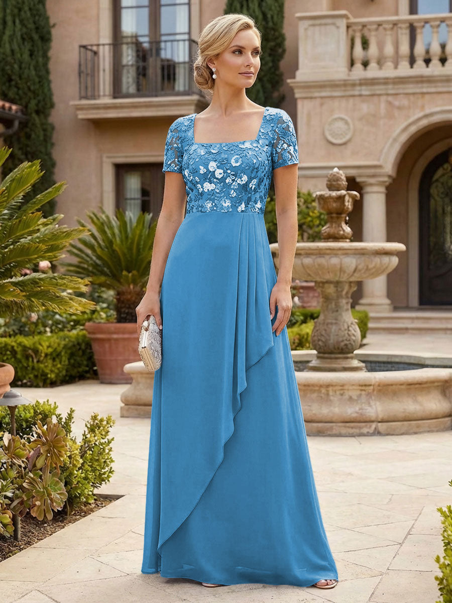 Elegant A-Line Chiffon Short Sleeves Floor-Length Mother of the Bride & Groom Dresses with Floral Embroidery Bodice & Sequin