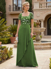 Elegant A-Line Chiffon Short Sleeves Floor-Length Mother of the Bride & Groom Dresses with Floral Embroidery Bodice & Sequin